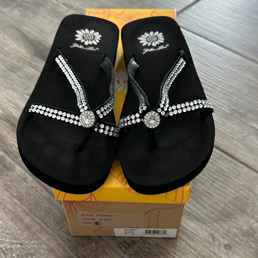 Yellow Box Black Rhinestone Women's Flip Flop Sandals